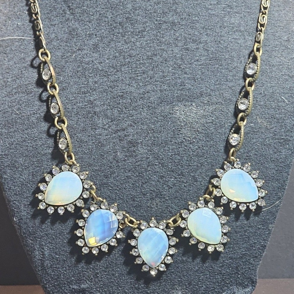 Brass Tone Faux Opal Rhinestone Teardrop Statement Bib Necklace